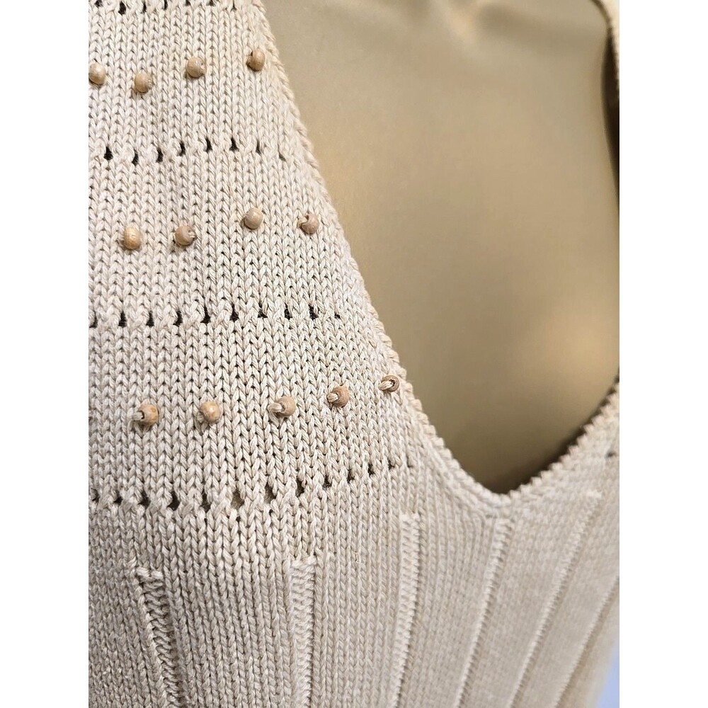 Liz Claiborne Linen Blend Sleeveless Knit Top XL Tan Beaded Pointelle Minimalist